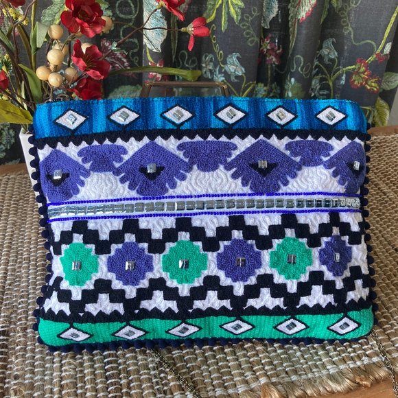 Steve Madden Jarya Blue Green Embroidered Studded Handbag - Picture 1 of 8